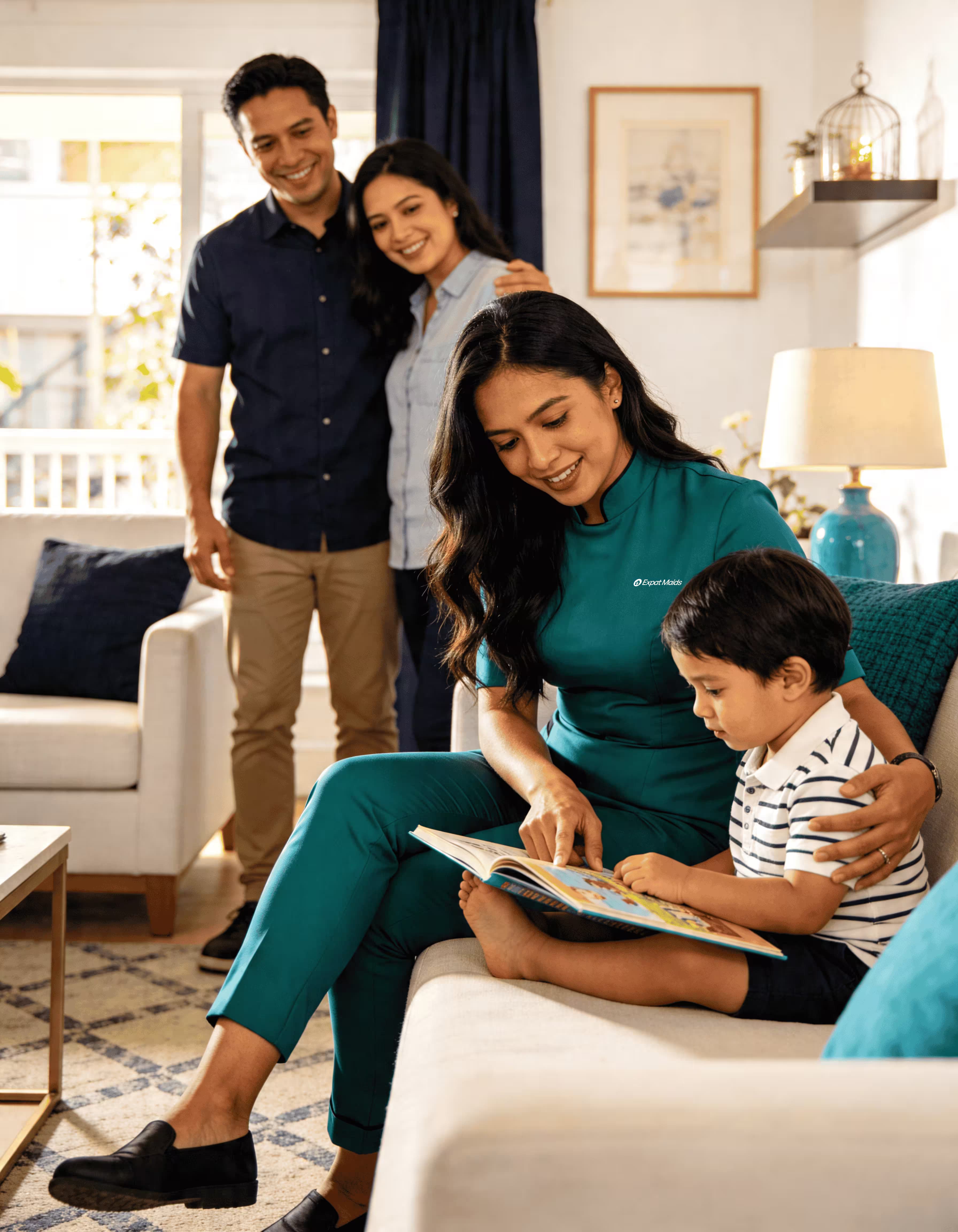 Maid playing with kids in a modern UAE home