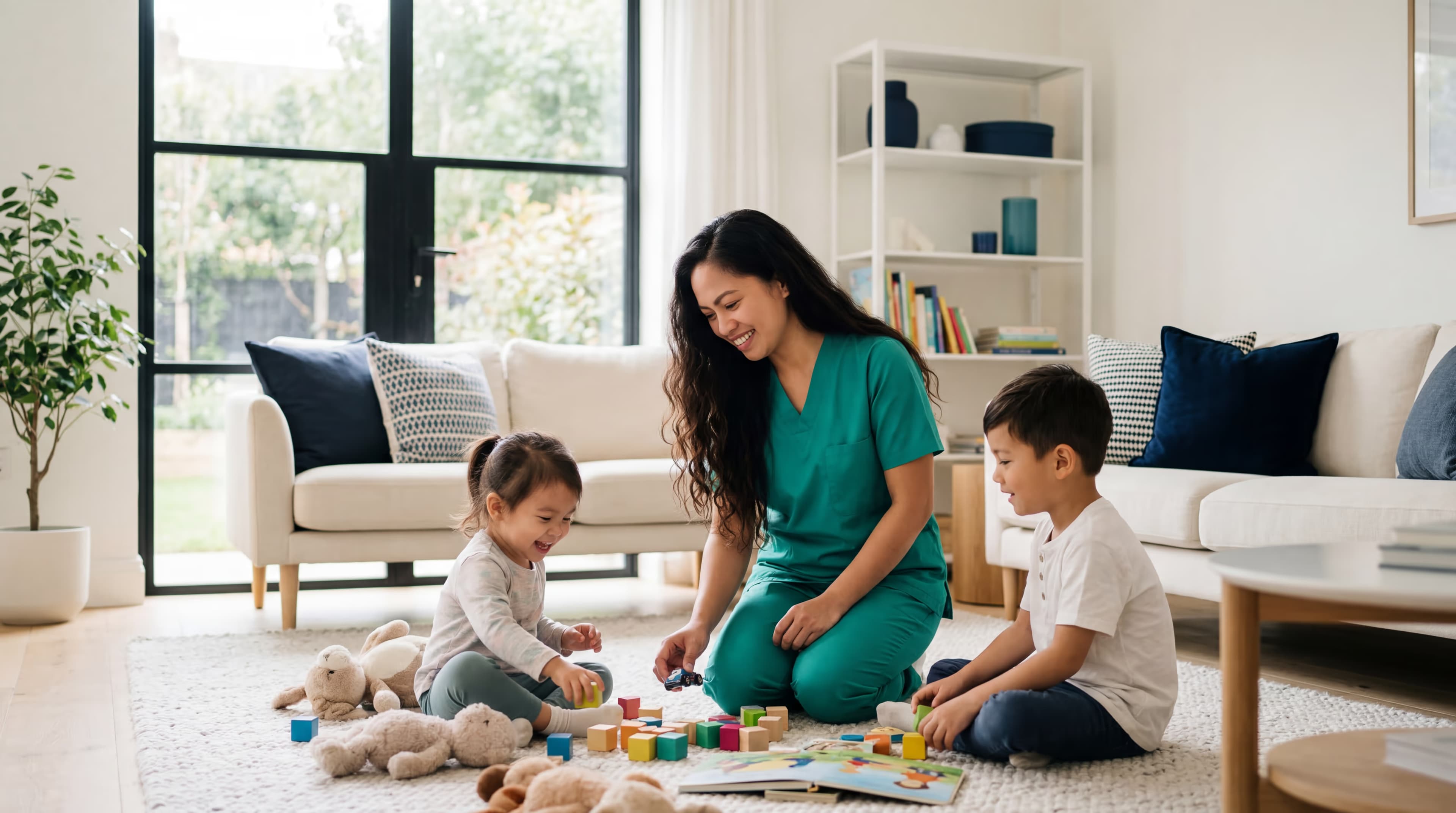 Maid playing with kids in a modern UAE home